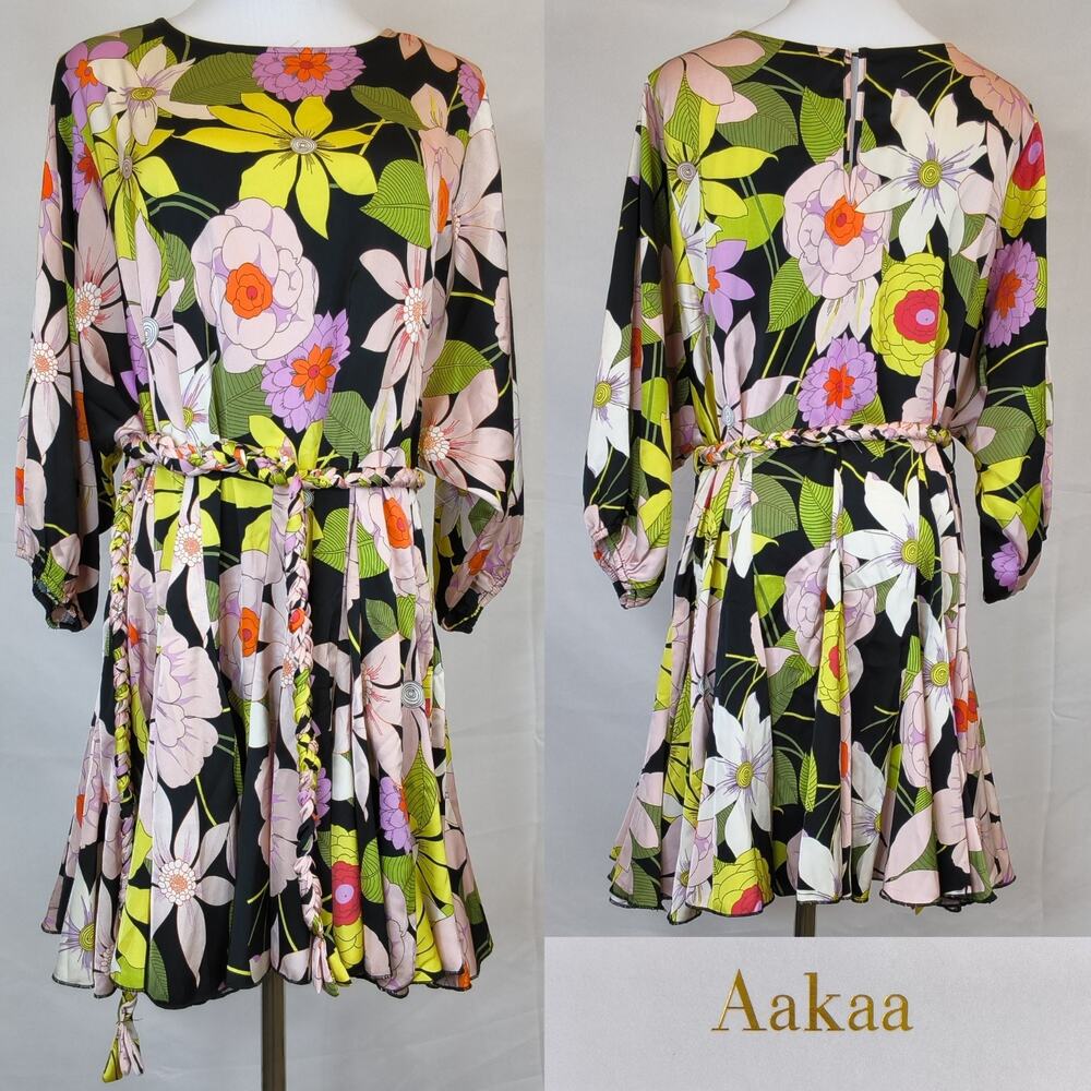Aakaa Floral Summer Dress Women's L Black Colorful Floral Tie Waist NWT #W5523